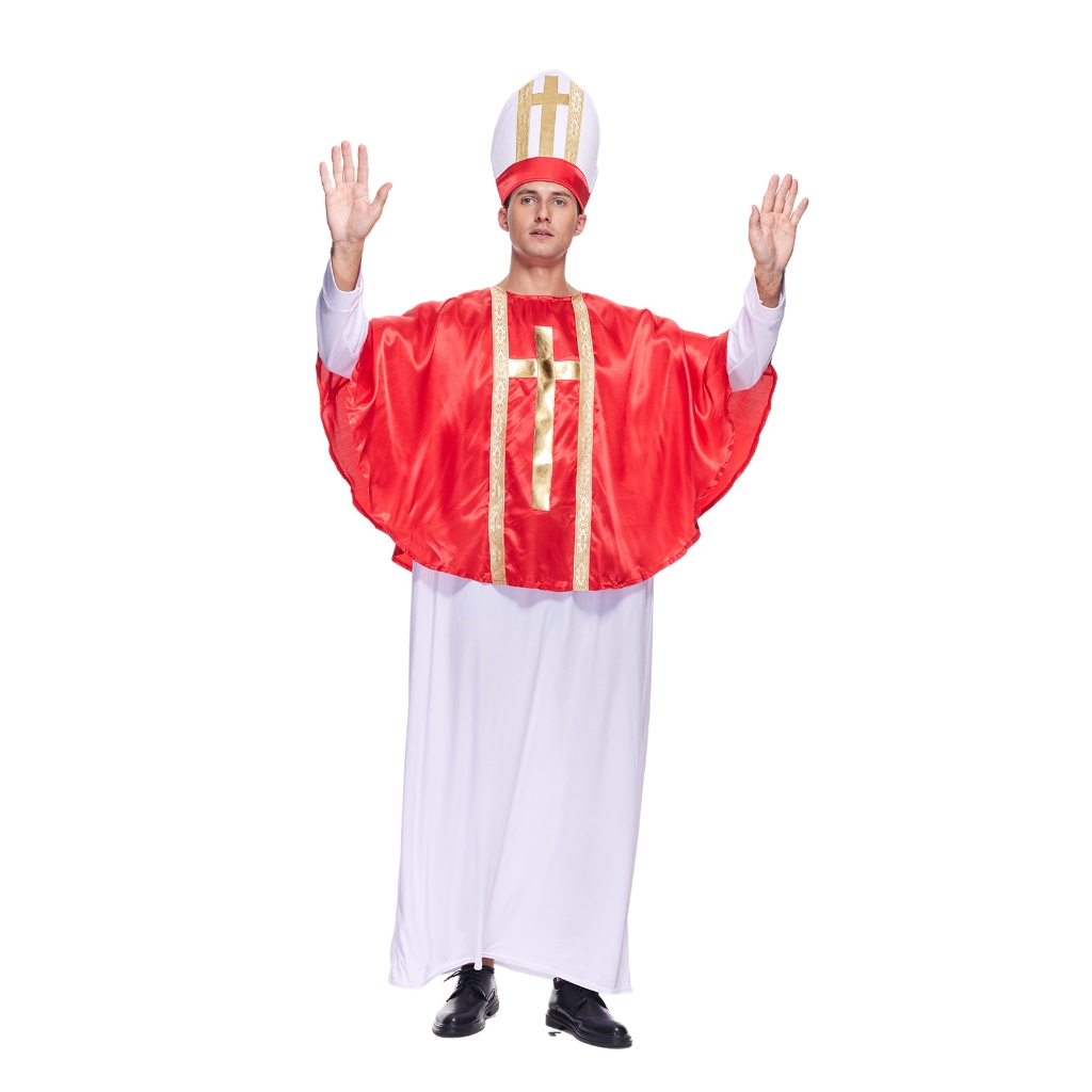 ❤Ready Stock❤Adult Pope Halloween Costume Biblical Catholic Cardinal Bishop Outfit For Men Includes White Robe, Red Papal Poncho, Hat Carnival Party Religion Cosplay Fancy Dress up