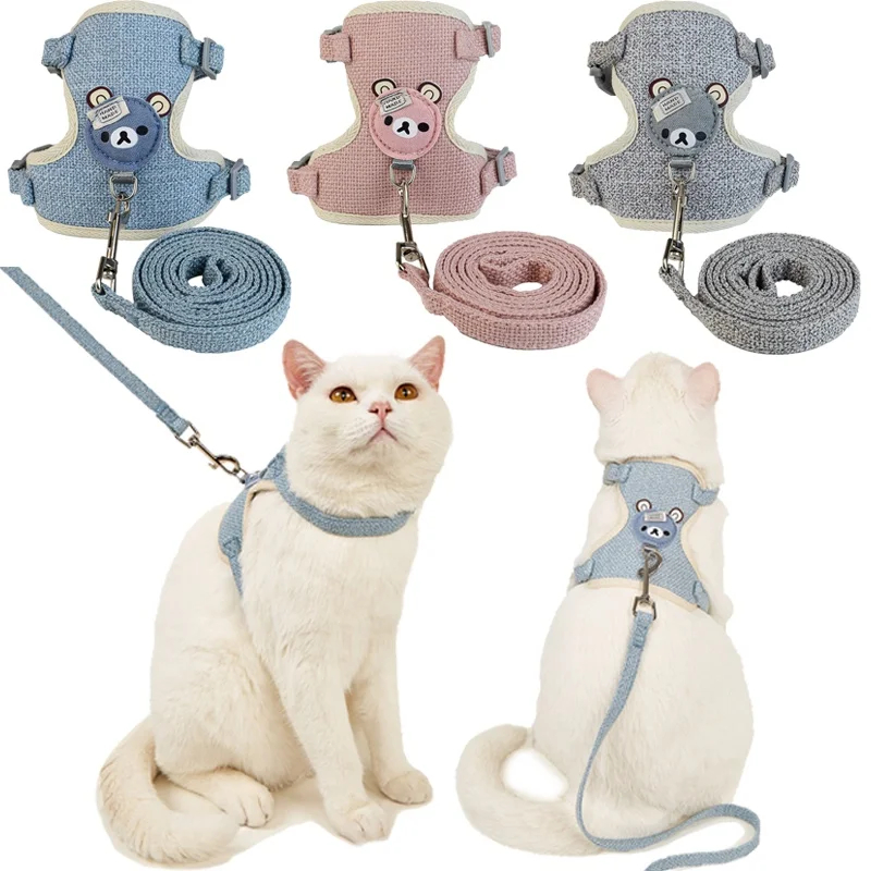 Cute Cartoon Bear Dog Harness & Cat Vest Set | Adjustable Breathable Mesh with Leash | Small Puppy & Kitten Safety Walking Gear