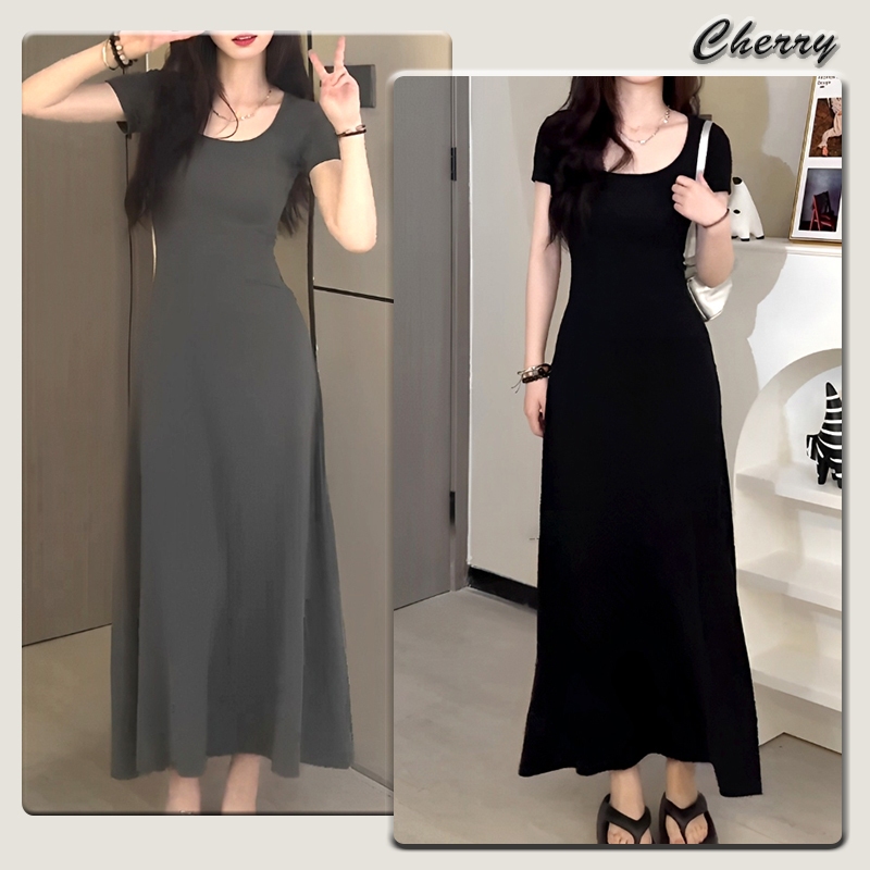 【READY STOCK】 CherryShop⭐French dress solid color tight temperament elegant long dress with sleeves