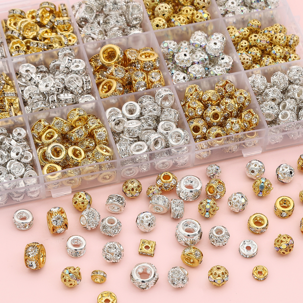 Crystal Rhinestone Metal Space Beads Loose Spacer Beads for Earring Bracelet NecklaceKeychain DIY Jewelry Findings Making Accessories