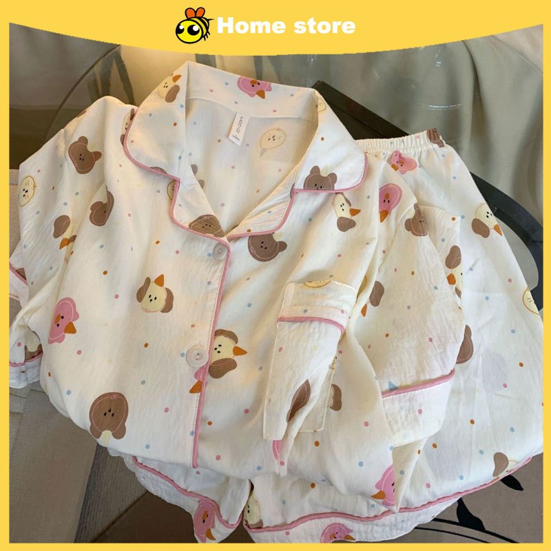 ?Ready Stock?Ins style summer sleepwear women's new cute student loose comfortable nightwear pajamas thin cardigan home baju tidur wanita suit set 可爱 女 短袖 睡衣套装