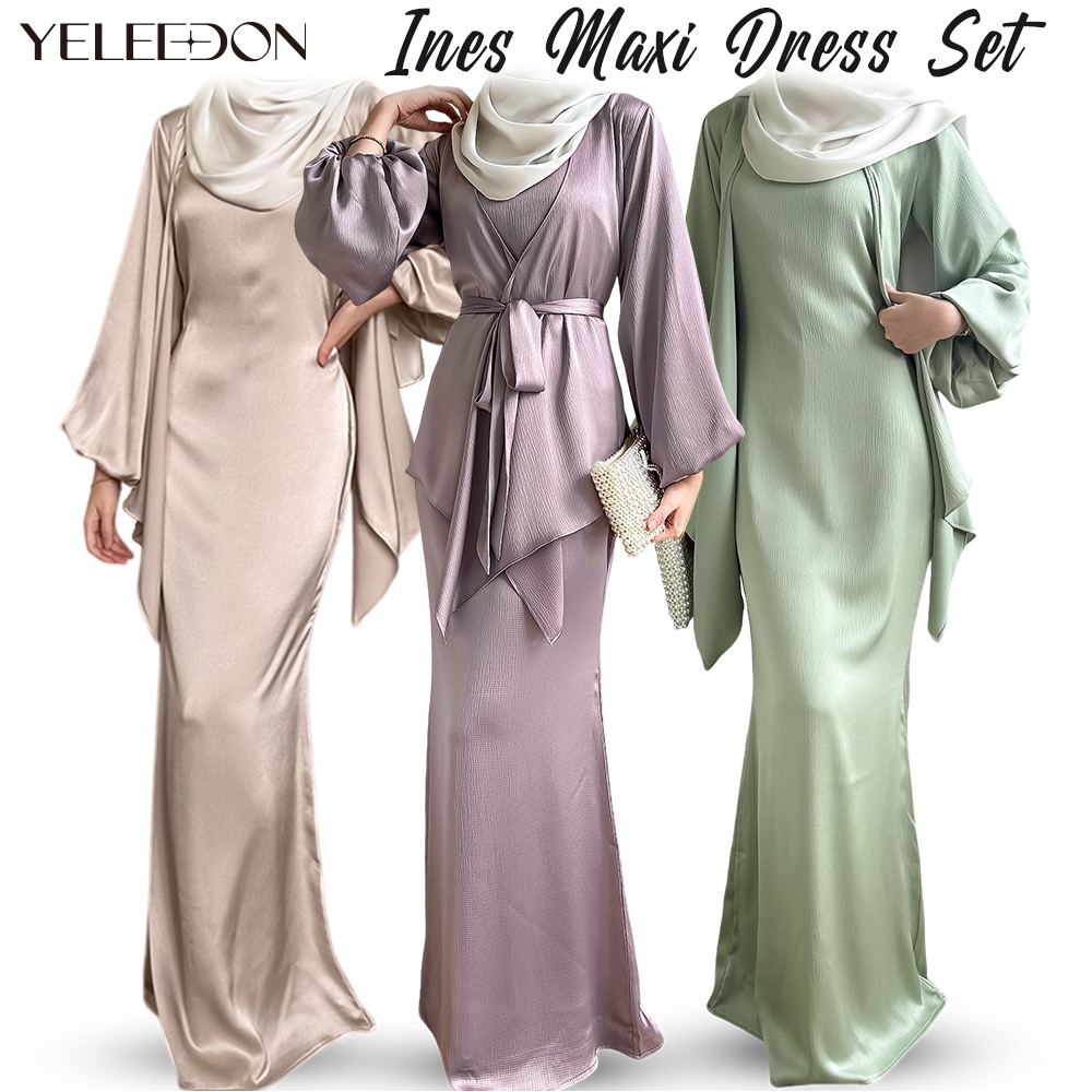 Yeleedon Women Muslimah Baju Kurung Shantung Silk Solid Color Belted Dress  Baju Raya Set 2025 Plain Premium Muslim Elegant Dress