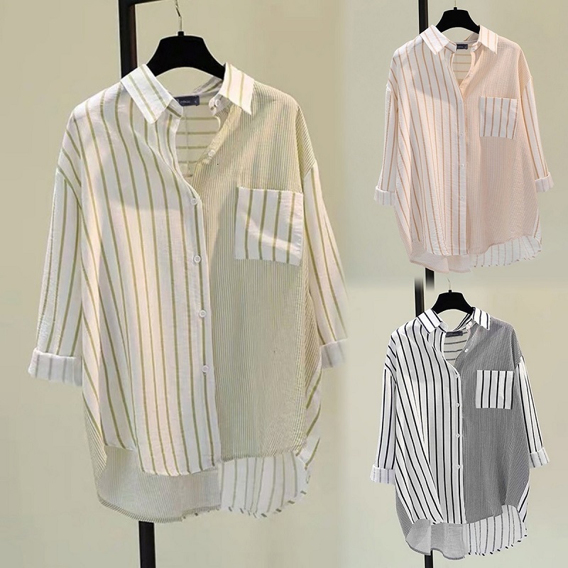 READY STOCK Korean Style Women Striped Kemeja perempuan blouse Plus size blouse Baju Ladies Loose Solid Long Sleeve Pullover Blouse Tops V-Neck Loose Striped Blouses