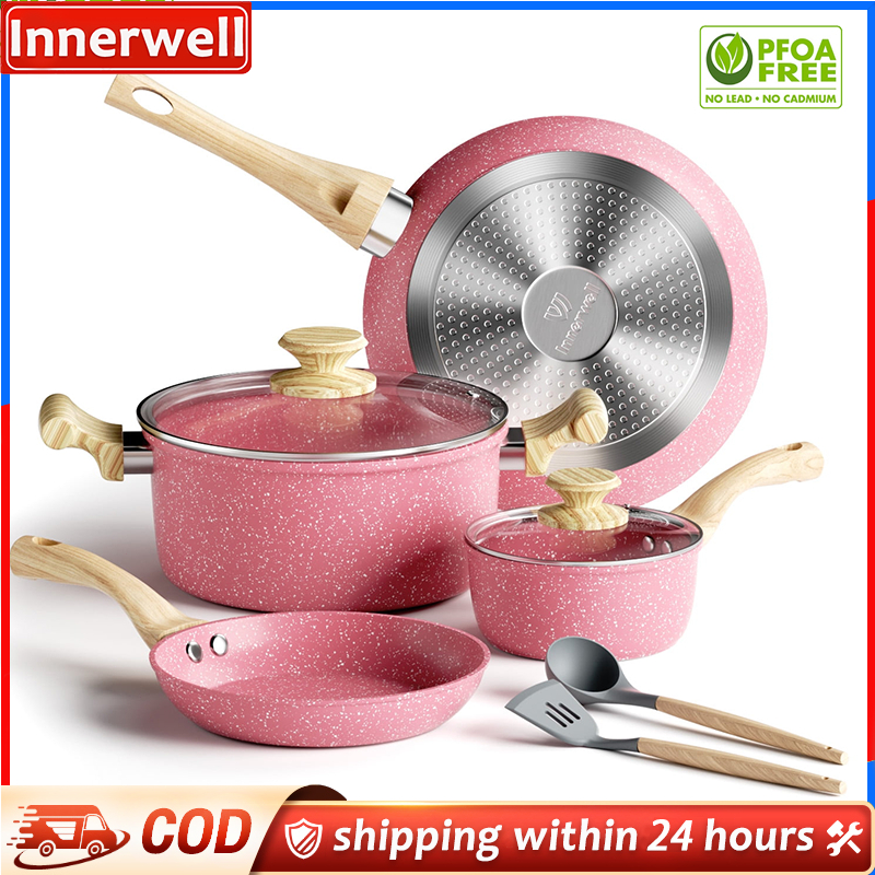 Innerwell Granite periuk batu Non Stick Cookware Set PFOA Free Suitable All Stove Set Gift - Pink (8 Pcs)