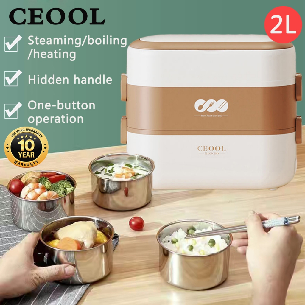 【MALAYSIA STOCK】CEOOL 2 liter Electric Lunch Box Portable Double Layer Heating Steamer Warmer Rice Cooker Non Stick Stainless Steel Periuk Kukus Nasi Elektrik