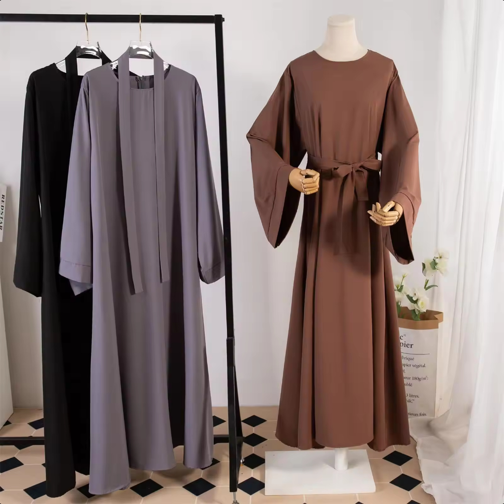 Baru Raya 2025 Viral Ironless Abaya Kaftan Jubah Muslim Dress Outfit Women Plain O Neck Long Sleeve