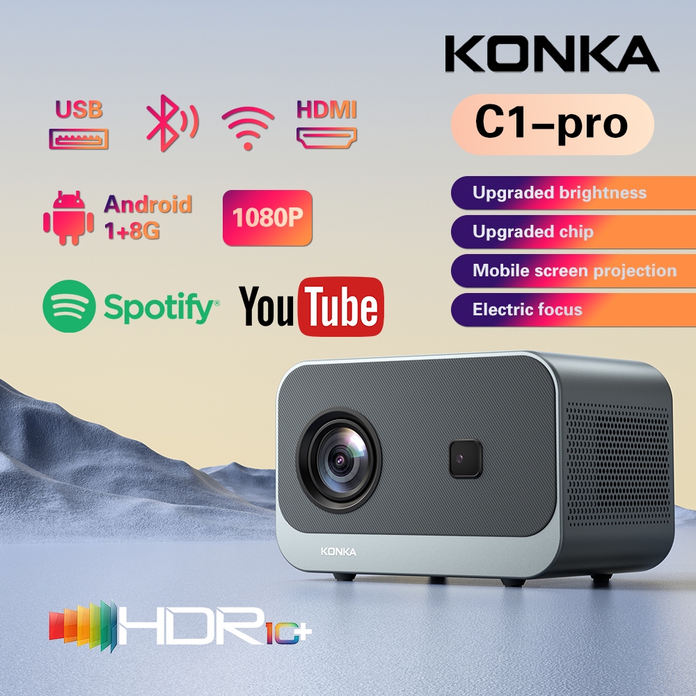 KONKA Mini Projector Full HD1080P 4K for phone Ultra-fast automatic focus Android Smart Projector C1-Pro support HDMI WiFi  Home Projector智慧投影儀