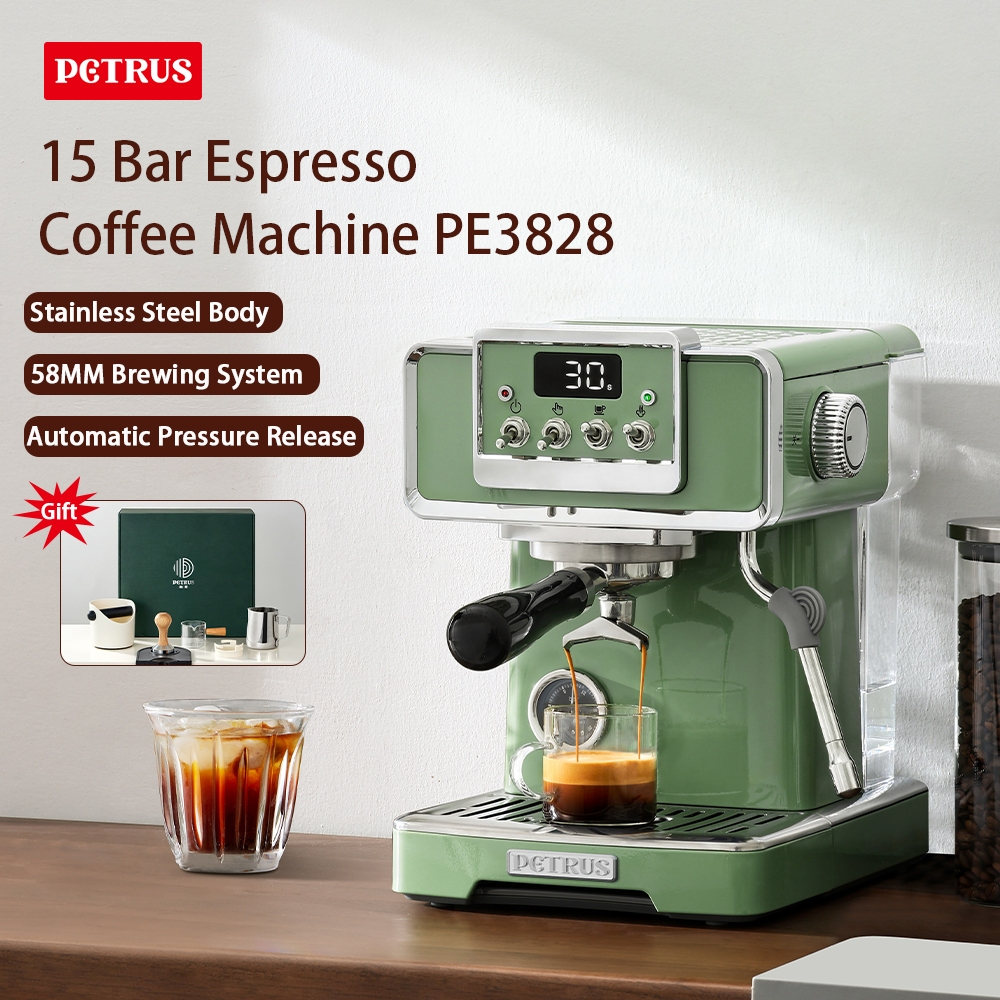 Petrus Espresso Coffee Machine 15 Bar Espresso Maker with Milk Frother Steam Wand Cappuccino, Latte