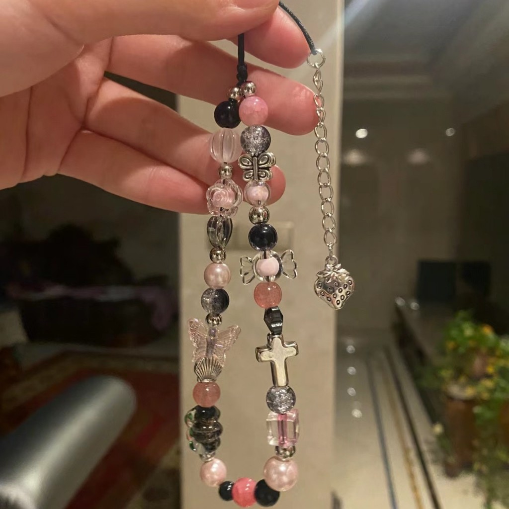 Sweet Cool Girl Style Crystal Rose Bow Bracelet Mobile Phone Chain Universal Phone Case Hanging Chain Earphone Case Pendant Camera Chain Jewelry Hand Strap Portable Anti-Lost Sling Beaded Bracelet