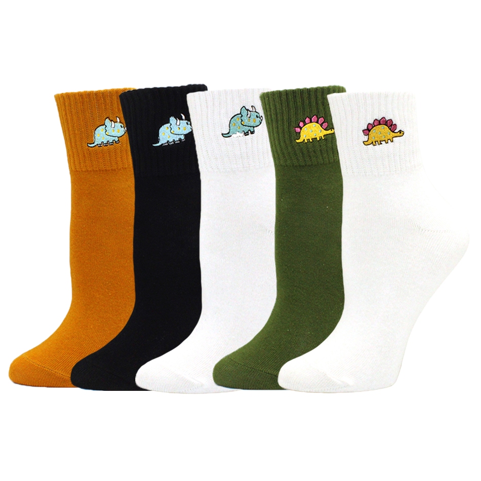 Women Embroidery Dinosaur Cotton Socks white Lovely Cartoon Animal Short Socks Novelty Crazy Funny Cozy Sock Funky