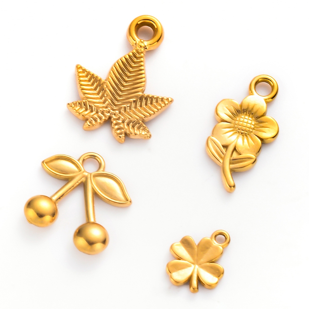 5Pcs 18k Gold Plated Maple Leaf Sunflower Cherry Clover Charms Stainless Steel Lovely Necklace Bracelet Pendant Jewelry