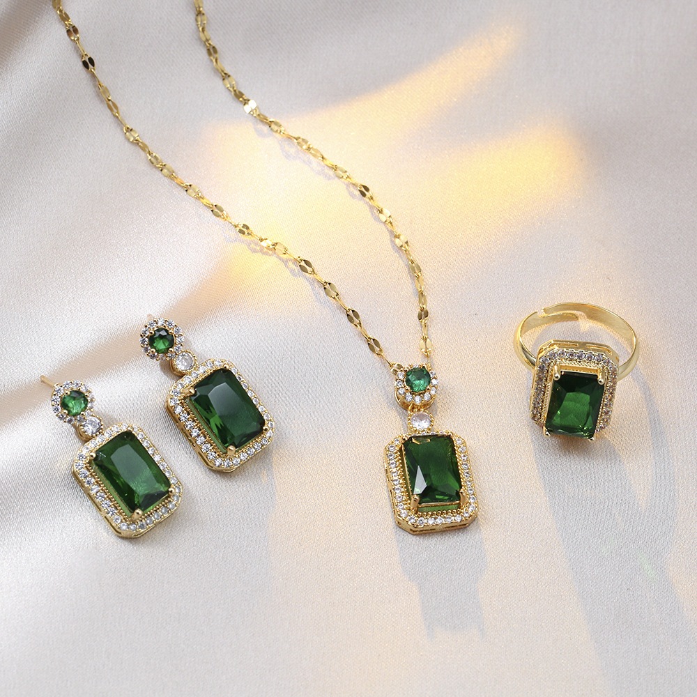 Retro Classic Geometric Square Emerald Pendant Necklace Rings Set for Women Temperament Stainless Steel Zircon Rectangle Earring Ring Jewelry Set