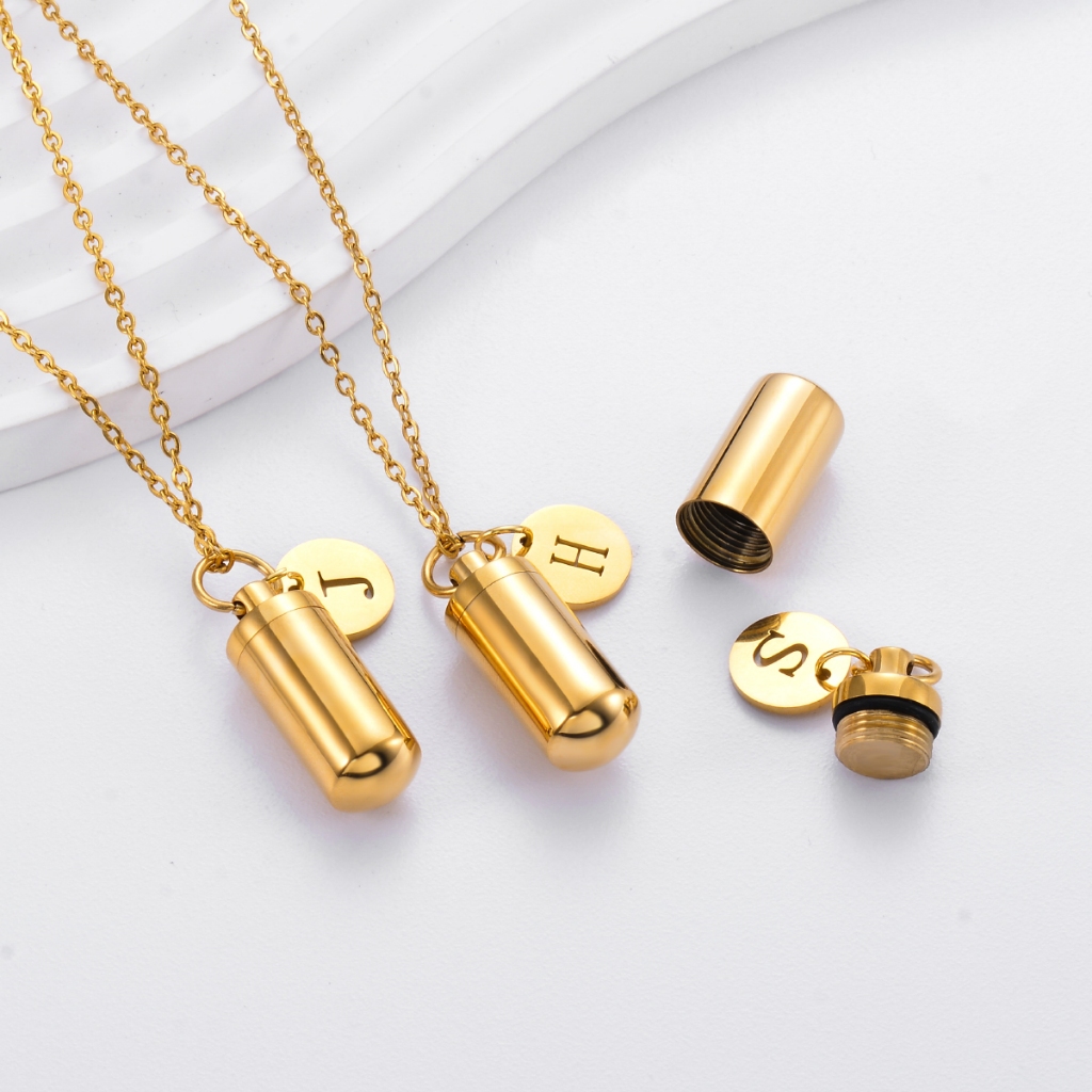 Customized Stainless Steel Cylinder Ashes Necklace Pendant with Letter Charms for Memorial Loveed Ones Jewelry