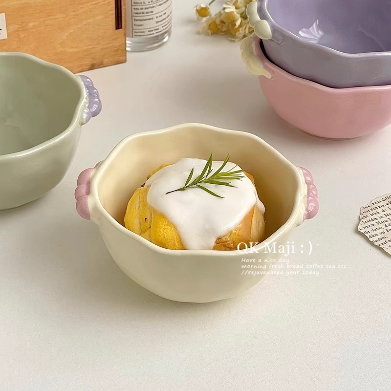 ins Cream cutlery Ceramic Rice bowl Breakfast cute double ear bowl Oatmeal yogurt salad bowl