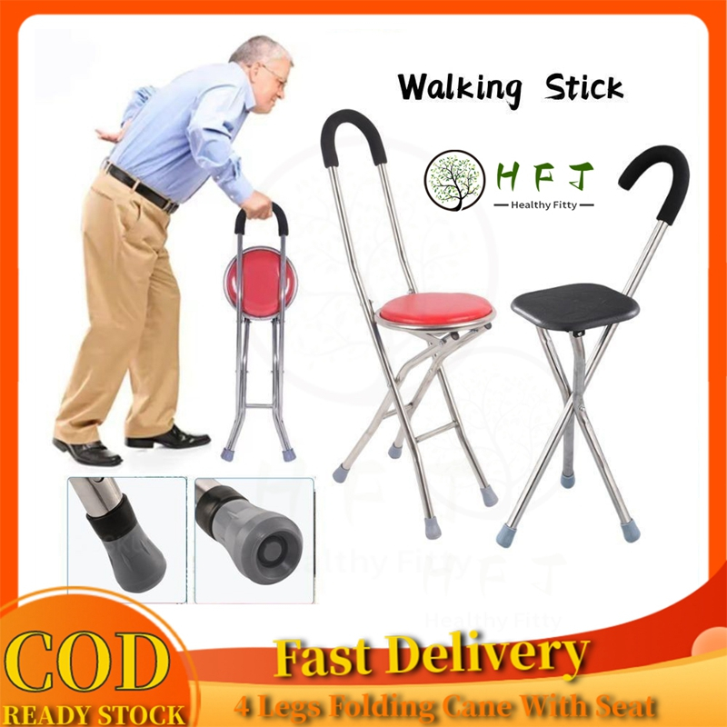 【Fast delivery】Walking Stick Foldable Chair Tongkat Kerusi Lipat Solat Boleh Tongkat Duduk Tongkat Foldable Stainless Steel 4 Legs Folding Cane With Seat Travel lounge chair