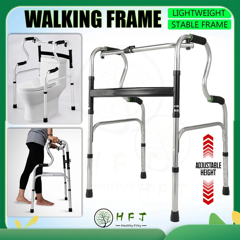 【Fast delivery】Foldable Walking Frame Tongkat 4 Kaki Bantu Jalan Crutches Walking Cane Aid For Elderly Adult Walker Frame Shower Seat Curve Handle with Wheel & Shower Seat