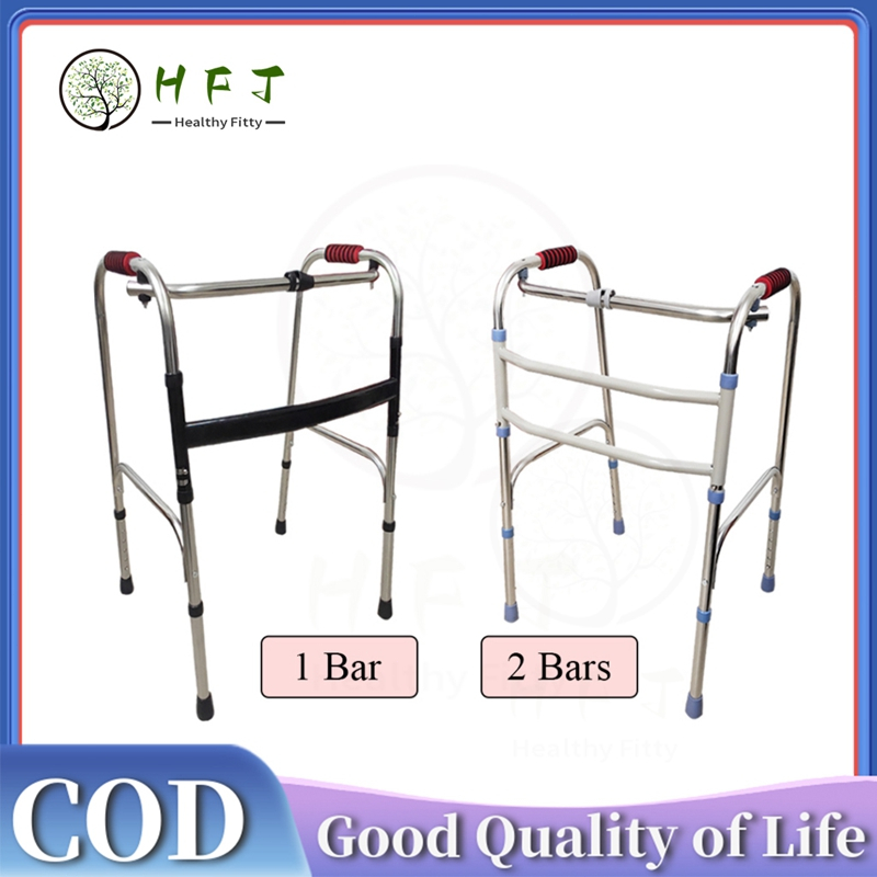 【Fast delivery】Foldable Stainless Steel Walking Frame Walking Aid Tongkat Bantu Jalan Black 1 Bar OR Grey 2 Bars with Wheel & Shower Seat Light Weight Stainless Steel Elder Walker