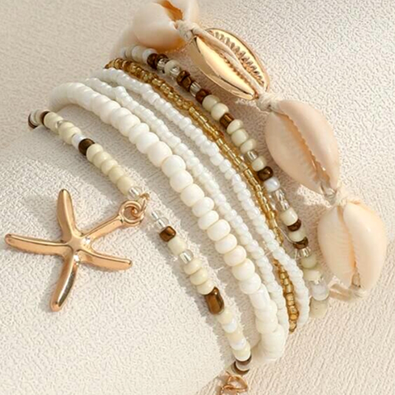 ✨ 6-Piece Set Colorful Bohemian-Inspired Shell & Starfish Bead Adjustable Bracelet – Handcrafted Beach-Themed Jewelry, Perfect Gift for Women