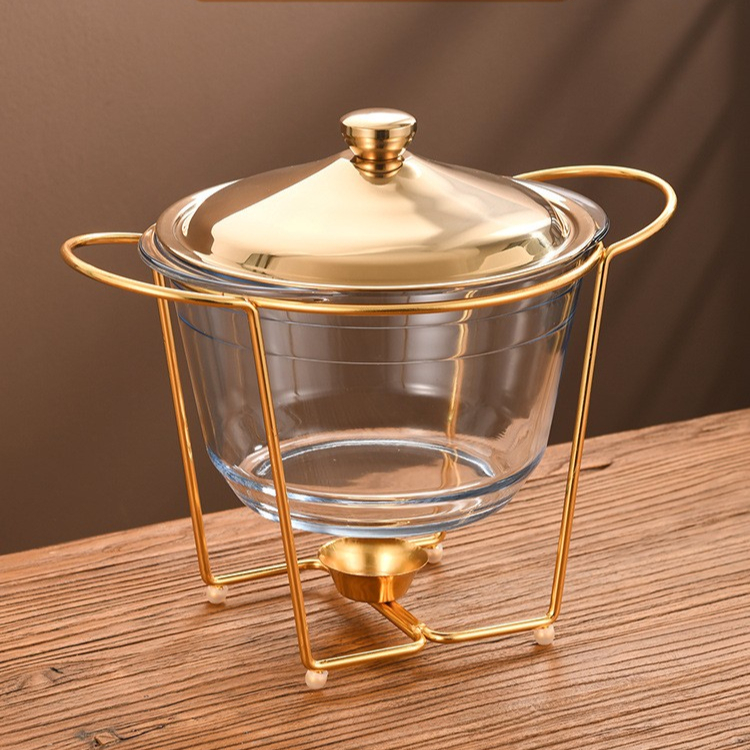 2-3Days Delivery⚡Golden Glass Buffet Dinner Food Warmer Heatable Container Crisper Scrape Oval Pot - 4L