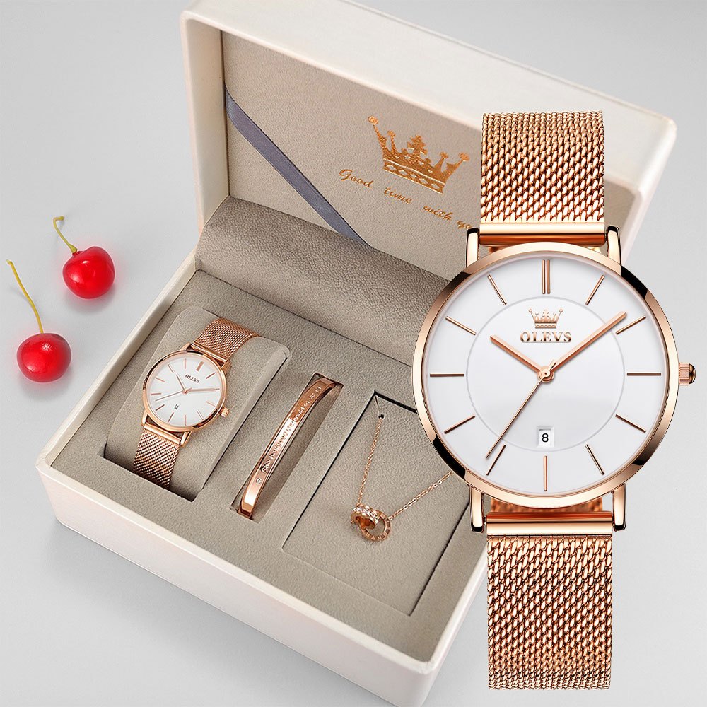 OLEVS Jam Tangan Perempuan Hadiah Original Waterproof Ultrathin Minimalist Women Watch Set Gift 5869