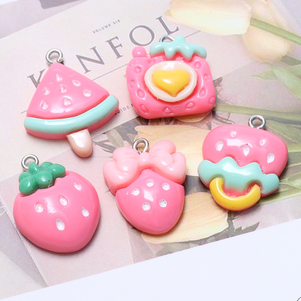 10PCS New Kawaii Pink Fruits Watermelons Resin Pendant Strawberries Charm DIY Necklace Bracelet Earrings Keychain Accessories