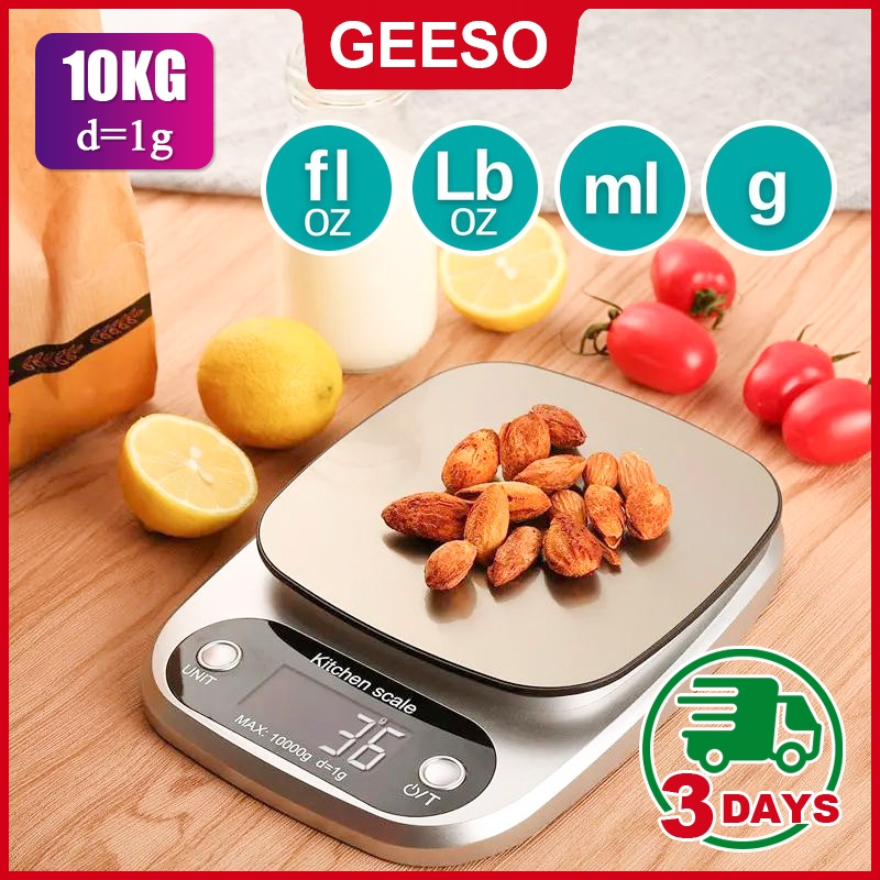 GEESO 10kg/1g LCD Digital Scale Stainless Steel Digital Kitchen Scale Penimbang Digital TImbang Digital Penimbang Makanan Food Scale Model 305 With Free AAA Batteries 不锈钢厨房秤 电子秤