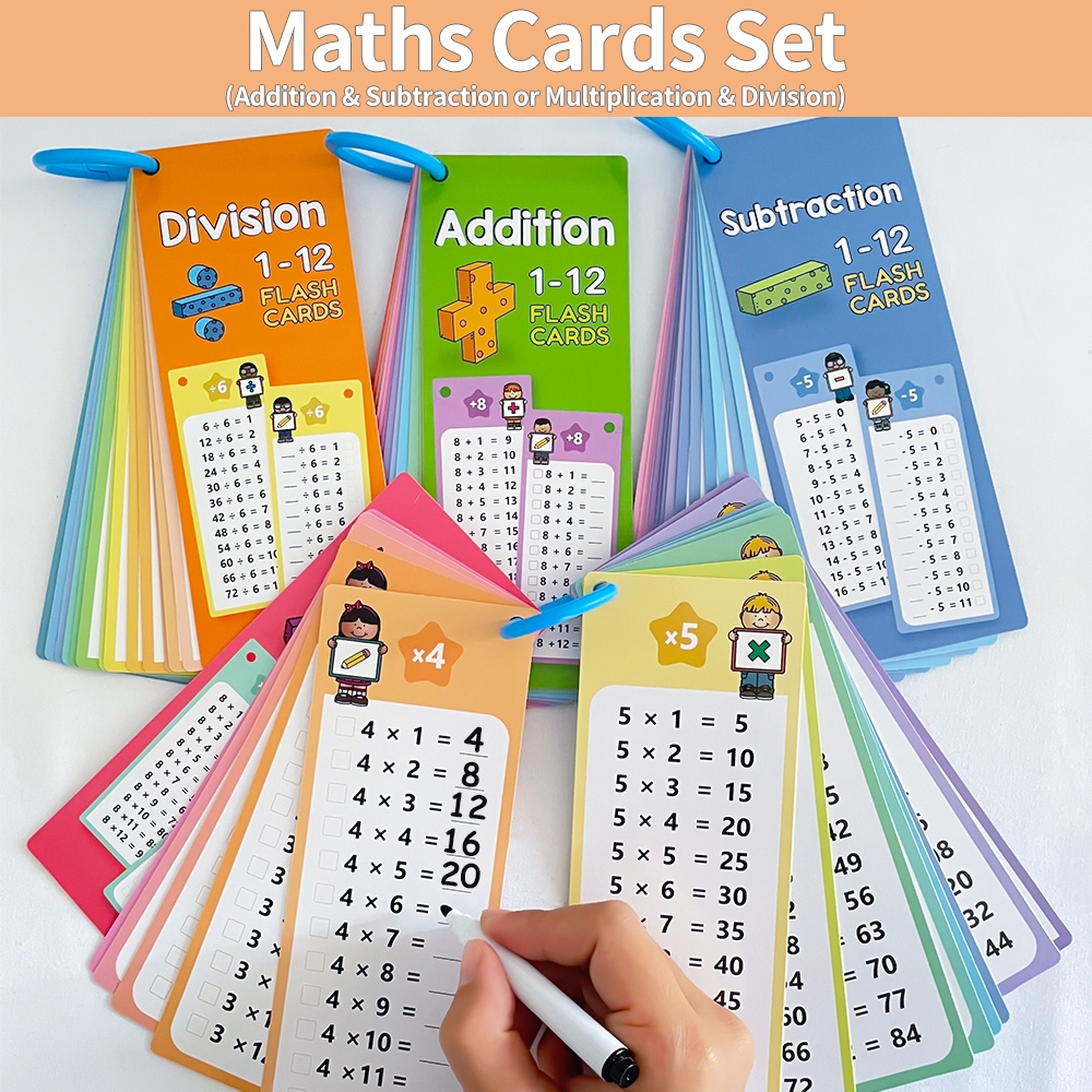 0-12 Addition Subtraction Multiplication Division Cards ,Educational Maths Table Flashcards for Kids,Self Check Classroom Home Learning Aids, School Teacher Teaching Aids