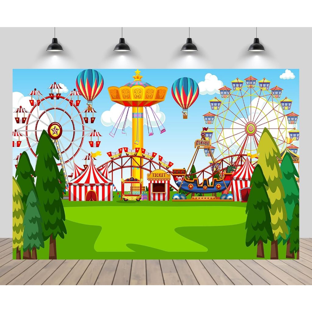 Carnival Backdrop Cartoon Ticket Office Ferris Wheel Carousel Blue Sky Amusement Park Background Carnival Games Circus Theme Party Decorations Photo Booth Studio Props