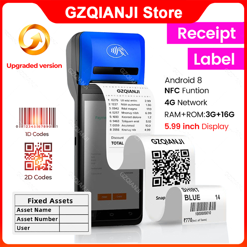 POS Terminal PDA Android 8.0 Thermal 58mm Receipt Label Printer 1D 2D Scanner 4G NFC Smart Handheld PDA