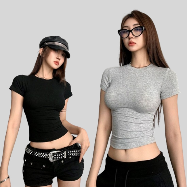 ✨【READY STOCK】Bella Solid Color Casual Slim Fit T-Shirt For Women Round Neck Short-Sleeved Summer Fashion Clothing