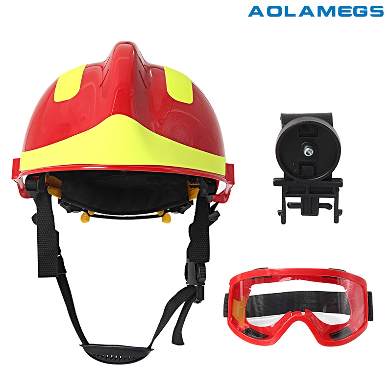 AOLAMEGS Emergency Rescue Helmet Red Firefighter Helmet Protective Goggles Lamp Holder Forest Rescue