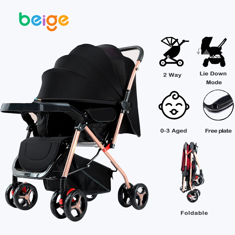 Beige Foldable Two Way Lightweight Versatile Baby Stroller With Umbrella