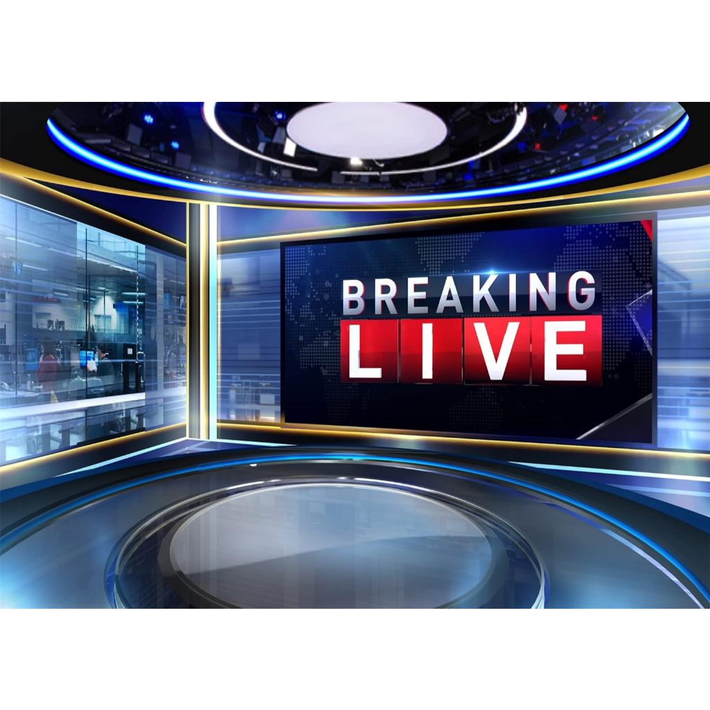 News Theme Photography Backdrop 7x5ft TV Show Breaking News Monitor Equipment Backdrop Microphone Reporter Interview Stage Center Camera Media Video Recording Background Supplies