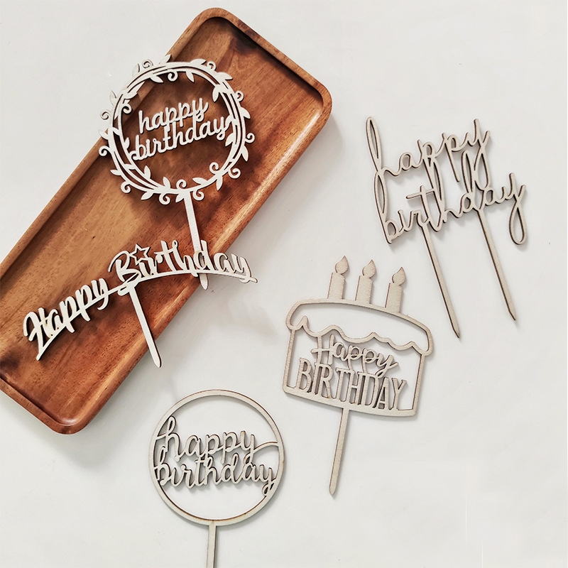 Wooden Happy Birthday Cake Topper, Curisve Font Happy Birthday Cake Decoration for Birthday Party Favor Supplies