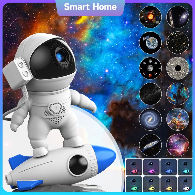 Rocket Astronaut Galaxy Projector Night Light Lamp And 13 Film Pieces Sky Projector 360° Rotate Planetarium For Kids Bedroom