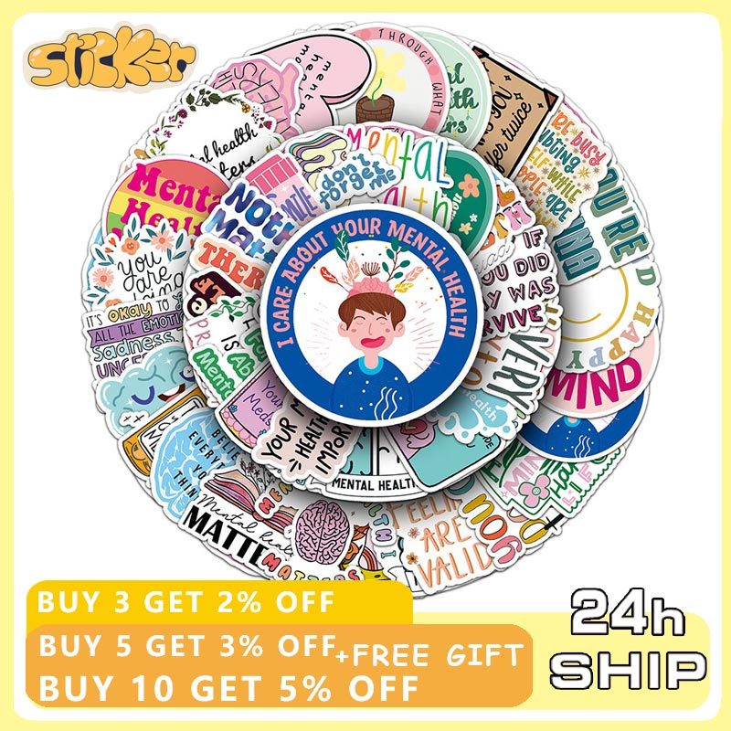 50Pcs Sticker Mental Health Text Graffiti Helmet Cup DIY Waterproof PVC Children Toy Reward Sticker