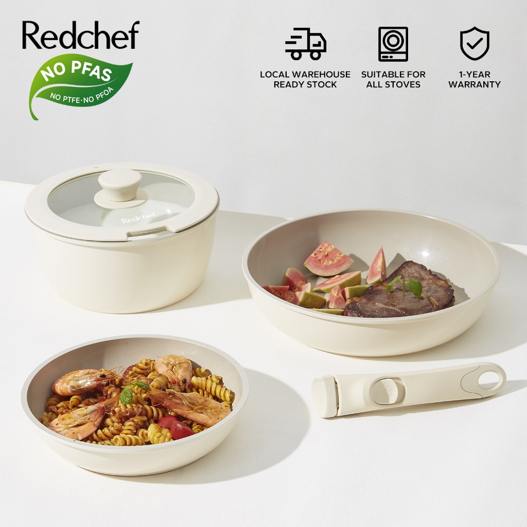 Redchef Nonstick Ceramic Rock Cookware Set Handle Removable (5Pcs) Non Toxic, PFAS& PTFE& PFOA Free - Frying Pan(26+20cm)+Saucepan(20cm) Suitable for All Stoves(Gas, Electric & Induction)