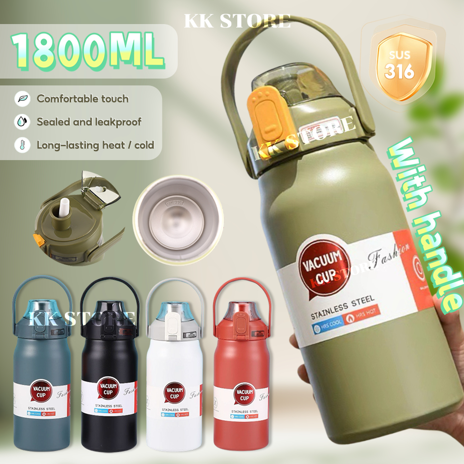 [With Straw] 1200ml/1800ml Stainless Steel Vacuum Flask Thermos Sport Bottle Office School Use High Quality