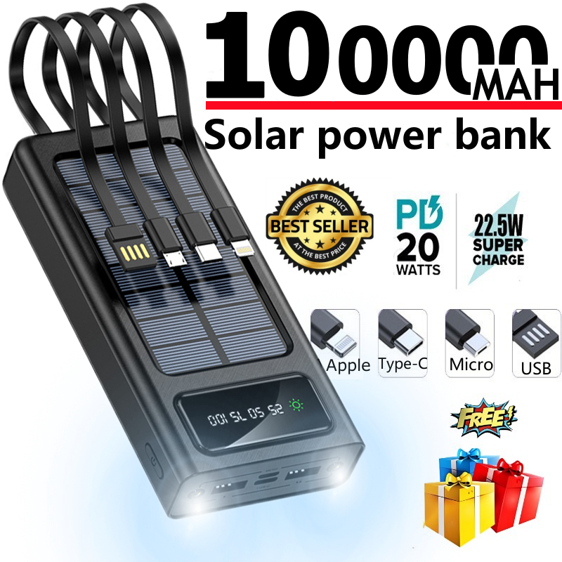 Solar powerbank 100000mah original 150000mAh powerbank original with build in cord Solar Charger 2 USB Ports and 4 cable Powerbank with LED for cellphone