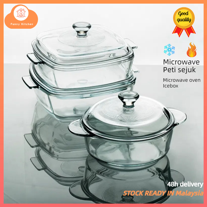 Ready stock Tempered Glass Bowl Mangkuk hidang Kaca Serving with lid handle Mangkuk lauk bertutup Micoware Safe Bowl Rice Soup Bowl Dinnerware Wedding Doorgift1L1.2L1.5L1.7L