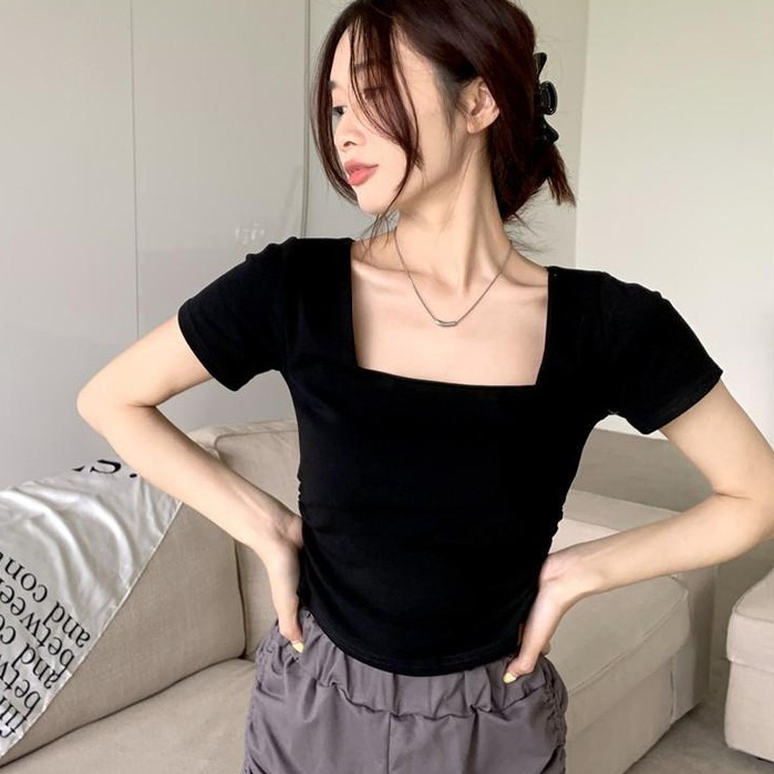 ✅【READY STOCK 】Beryl Women'S Square Neck T-Shirt  Crop Tops White Slim Style Solid Color Tops Casual Clothes