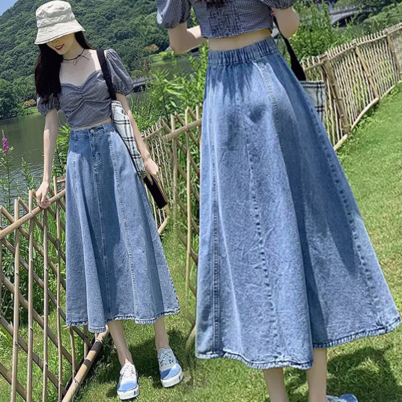 伞裙skirt Jeans plus size long denim skirt blue skirts 半身牛仔裙 maxi perempuan a line Umbrella skirt 裙子