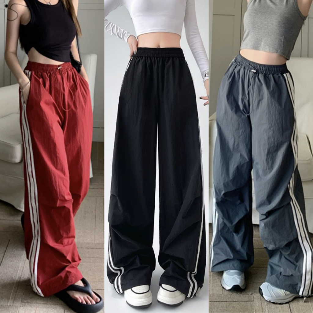 ✨【READY STOCK】Bella Women's High-Waist Cargo Baggy Pants All-Match Wide Leg Straight Long Pants