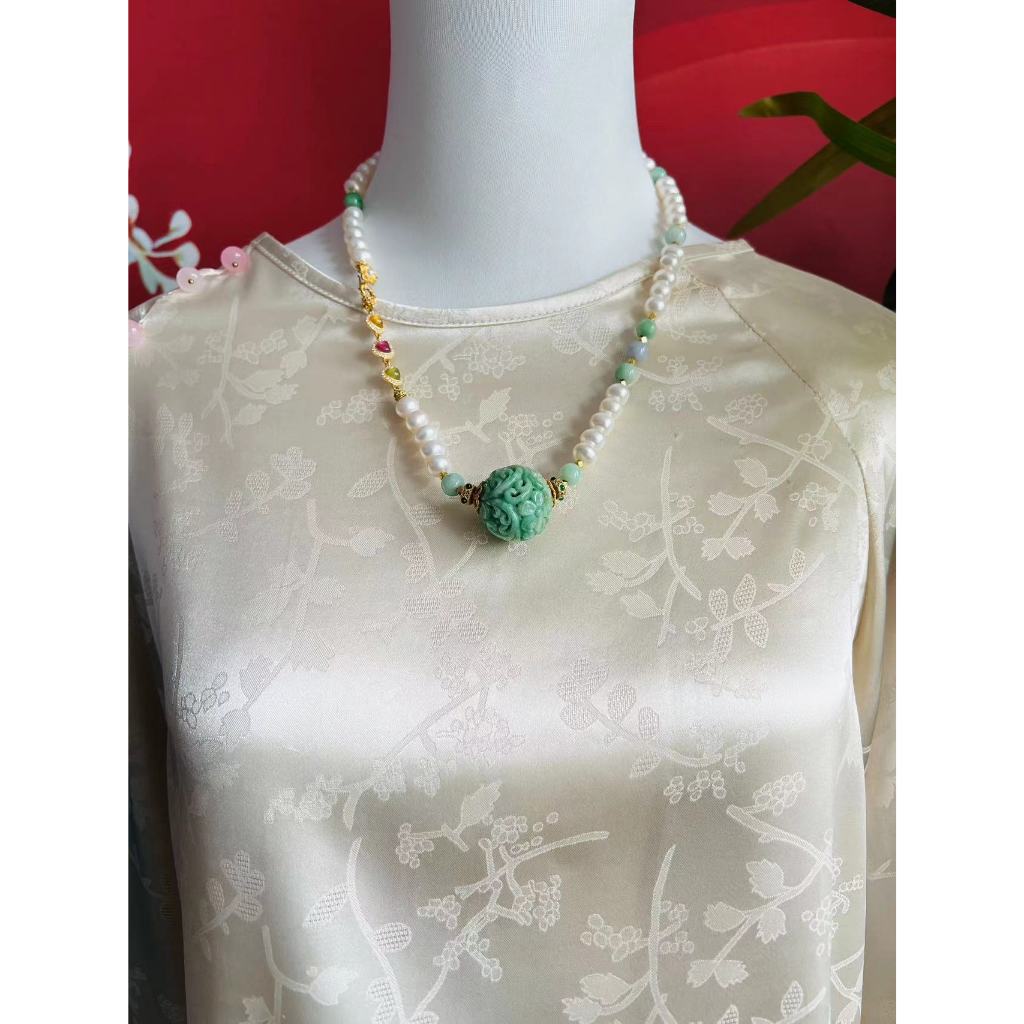 Qi Na Jewelry-Fruit Green Hollow Beads Handmade DIY Design Pearl Set Chain