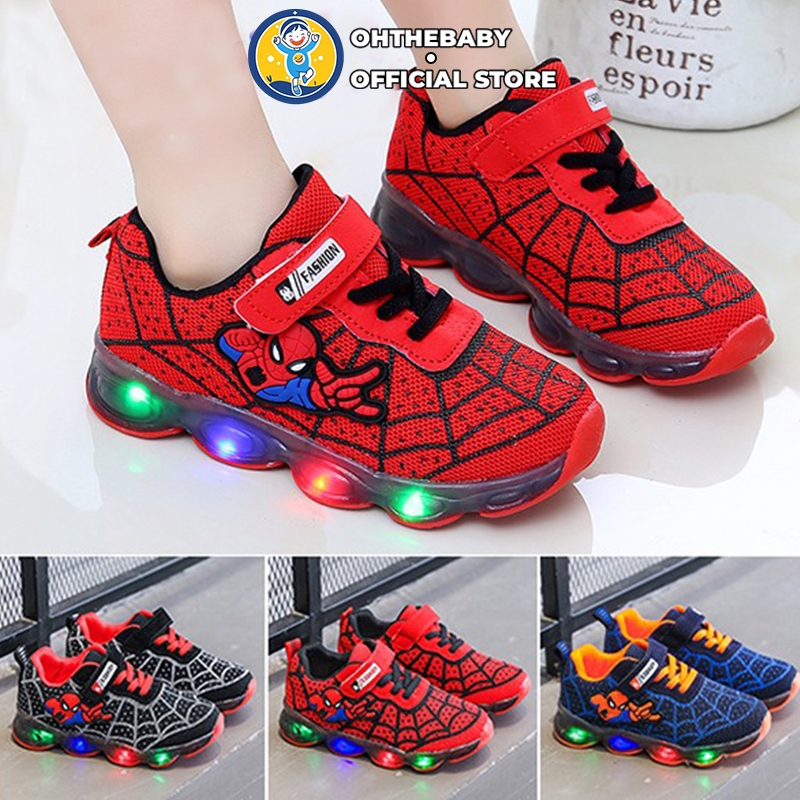 Kids Shoes boys kasut budak lelaki Spiderman led Luminous christmas Red Murah Sneakers black School sport shoes girl New Year