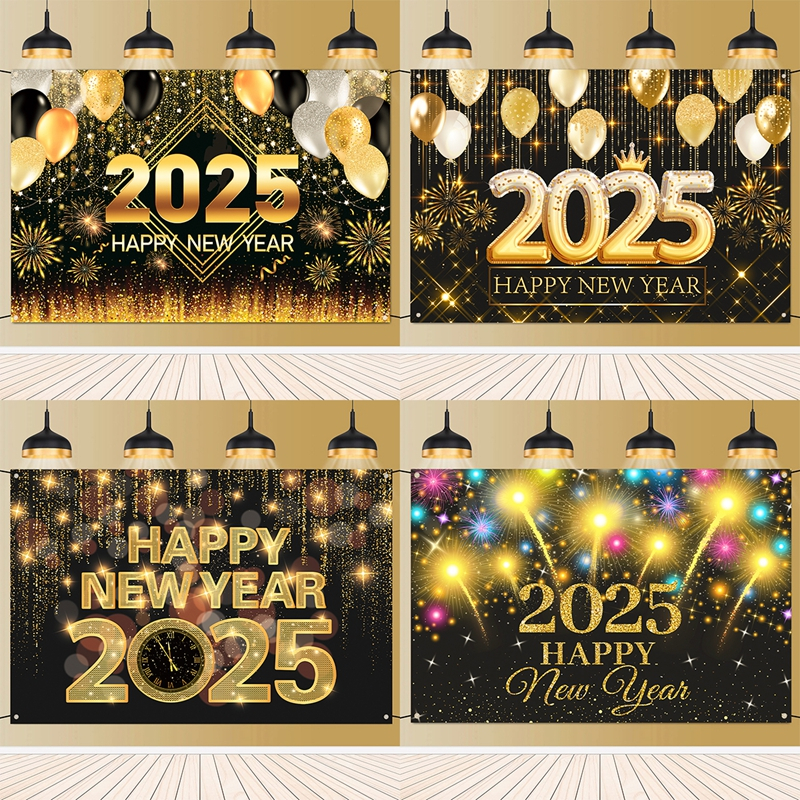 1.5*1M Vinyl Happy New Year 2025 Black Gold Glitter Backdrop Christmas Decor Clock Firework Party Decorations Backdrop For Birthday Photography Background Happy New Year Banner Pho