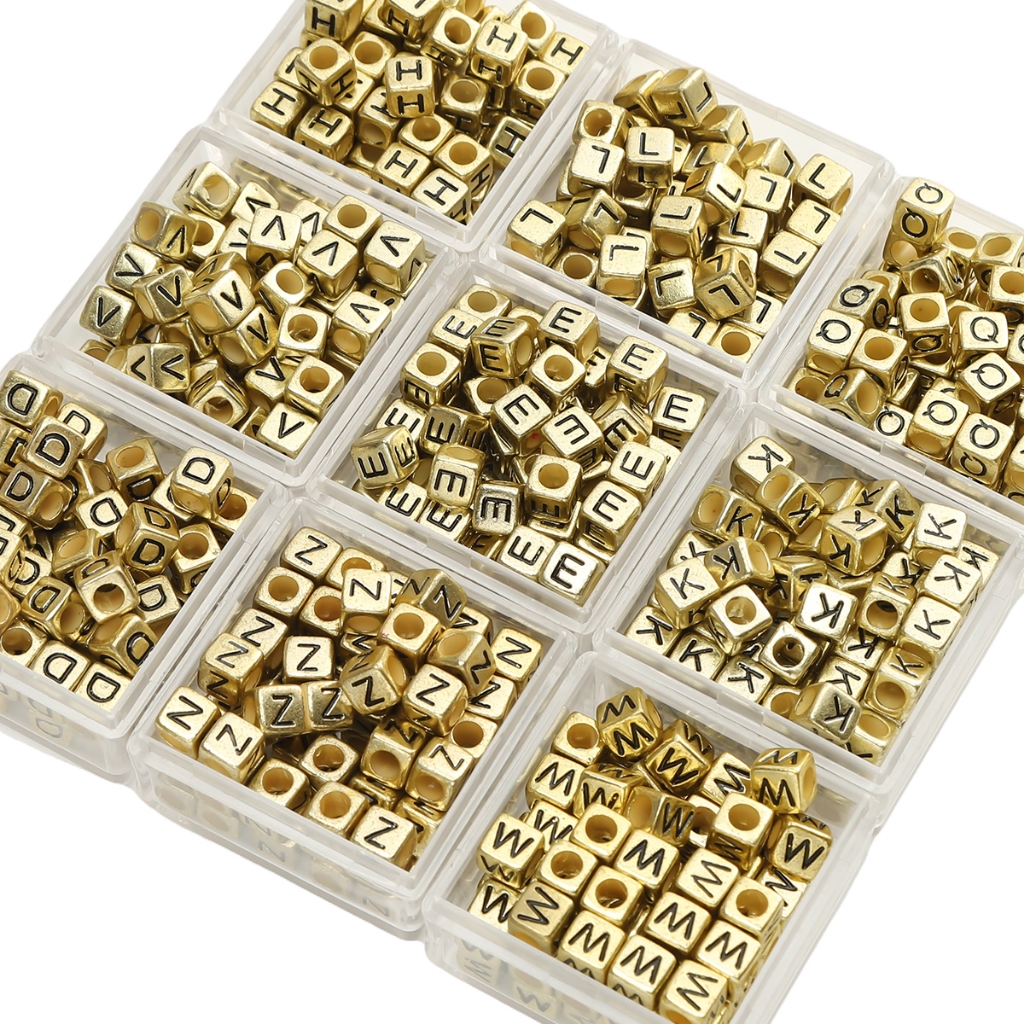 50pcs/bag Acrylic English Letter Beads Square Ancient Gold For DIY Jewelry Necklace Bracelet Decorations Making