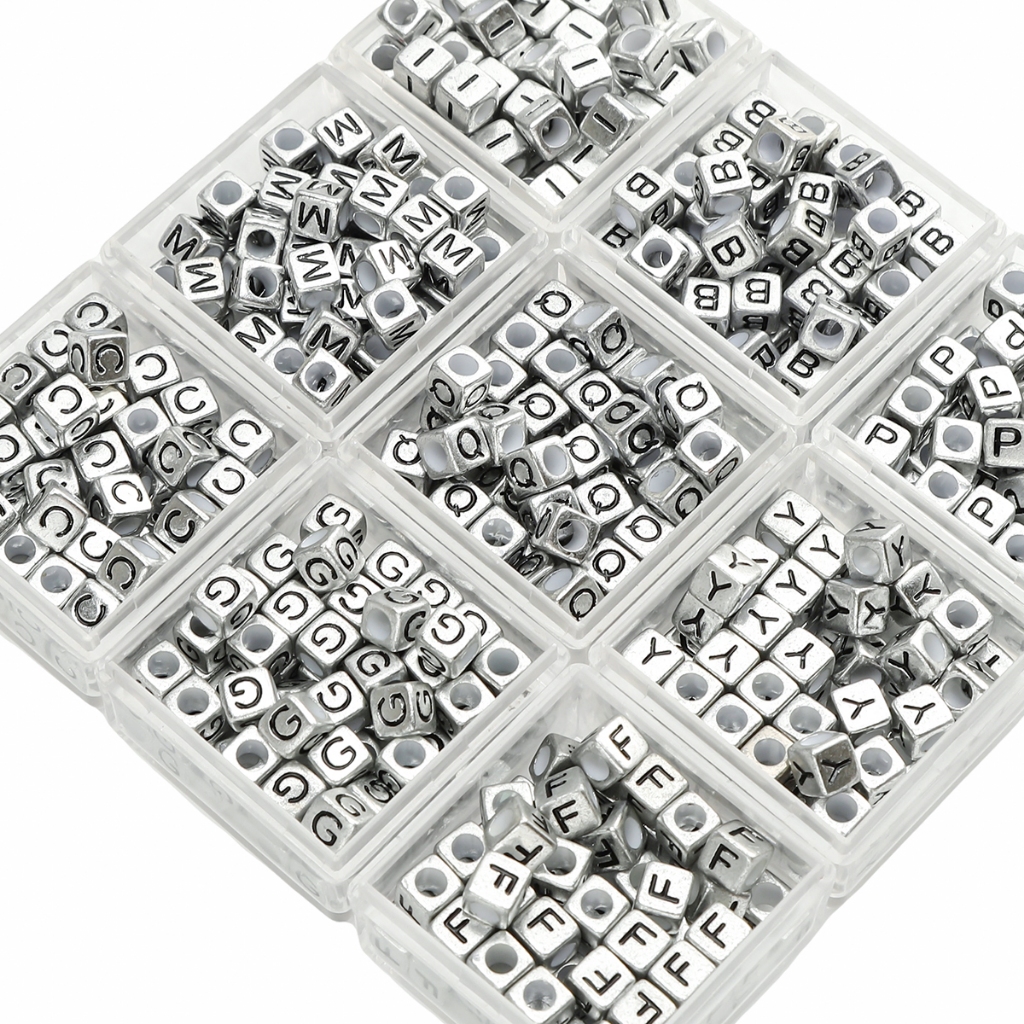 50pcs/bag Acrylic English Letter Beads Square Ancient Silver For DIY Jewelry Necklace Bracelet Decorations Making
