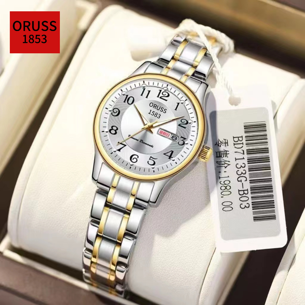 ORUSS Original Women/Men Luxury Dual Calendar Stainless Steel Ladies Waterproof Gold/Silver Analog Small Watch Women Korean Simple Luminous Automatic Quartz Wriat Watch For Women Jam Tangan Perempuan