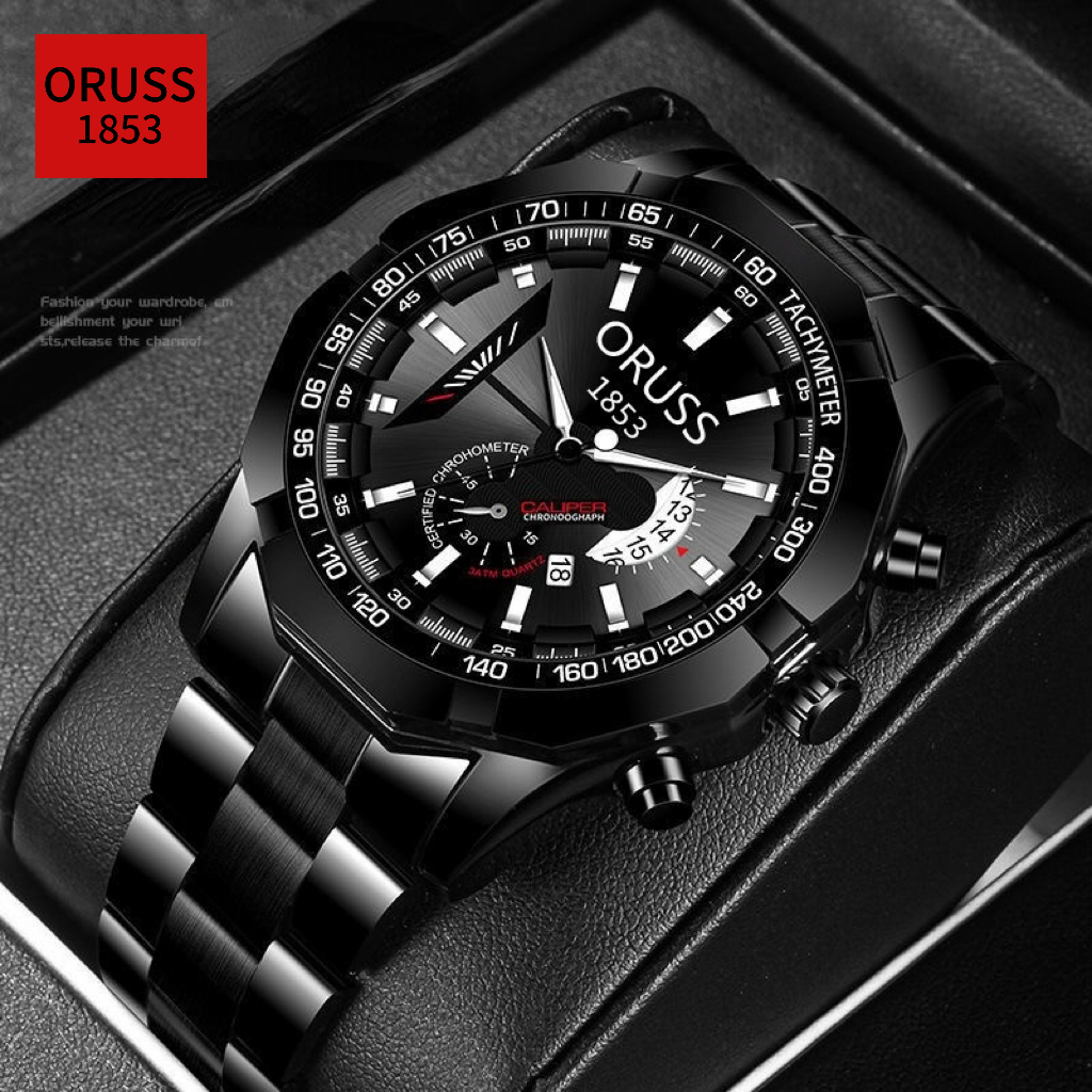 ORUSS 1853 Original Men Stainless Steel Date Waterproof Luxury Business Sport Big Watch Men Analog Korean Black Automatic Quartz Wrist Watch For Men Jam Tangan Lelaki